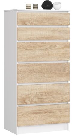 Komoda NORE K60 su 6-iais stalčiais, ąžuolo/baltos spalvos
