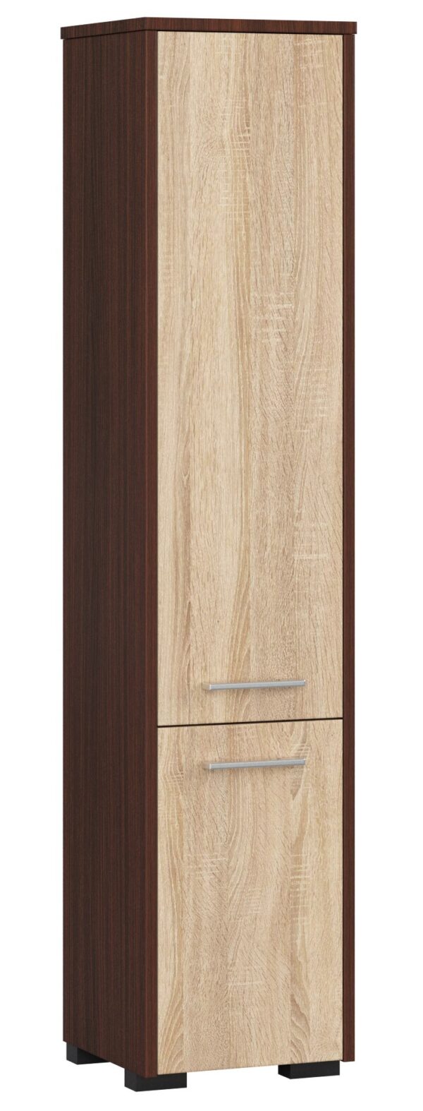 slupek-regal-lazienkowy-fin-2-dkieta-wenge-sonoma.jpg Aukšta vonios spintelė NORE Fin su 2-omis durelėmis, tamsiai ruda/ąžuolo