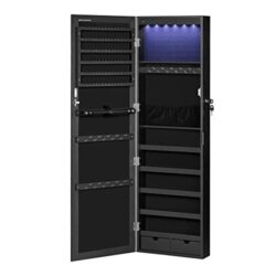 Pakabinama papuošalų spintelė su veidrodžiu, juodos spalvos