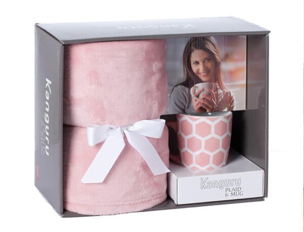 Dovanų rinkinys, pledas 130x170 cm. su puodeliu, rožinės spalvos