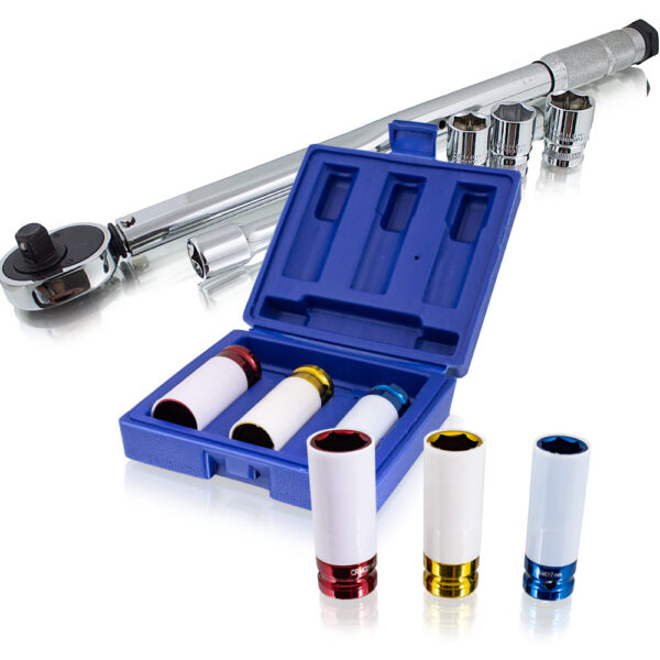 Reketas su teleskopinė rankena 1/2" + lizdai 17/19/21 mm.