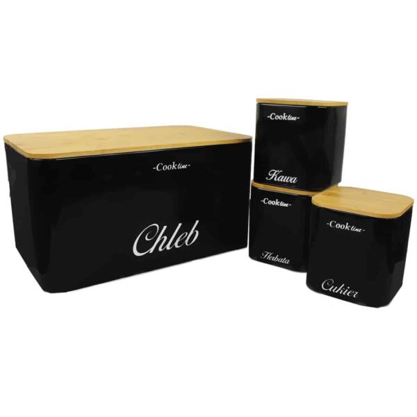 Rafano duonai skirta dėžutė su 3 virtuvės indėliais, juodos/ąžuolo spalvos