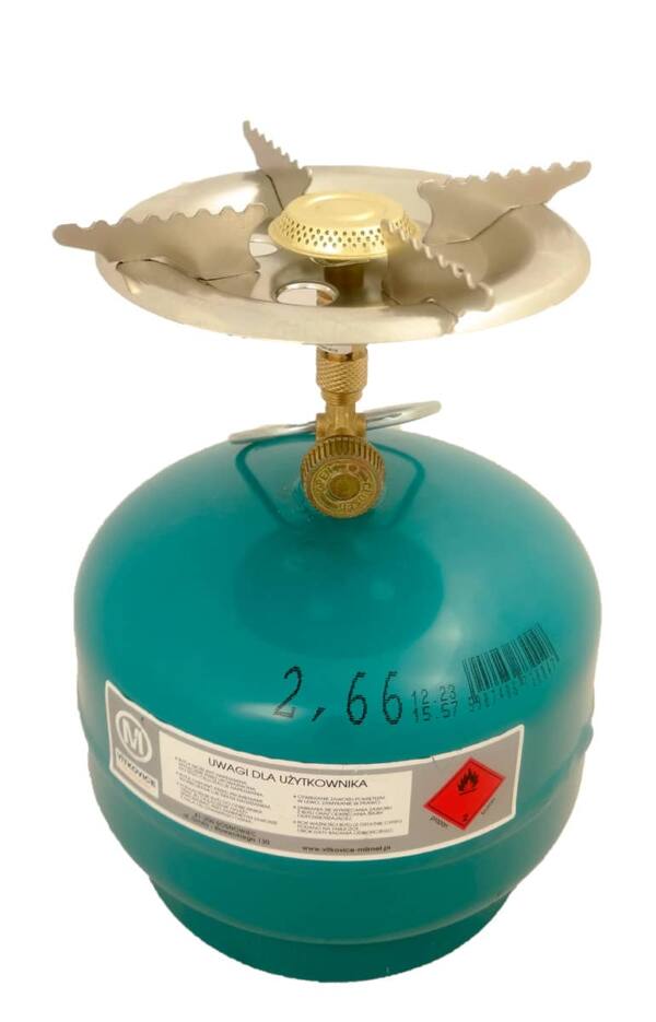 Maža turistinė viryklė su viena kaitlentė, žydros spalvos