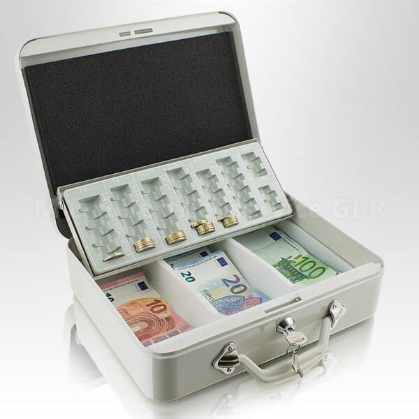 Transportavimo metalinė dėžutė pinigams 30 cm., šviesiai pilkos spalvos