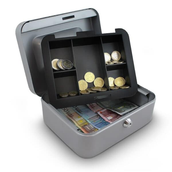 Metalinė dėžutė pinigams 20 cm., pilkos spalvos