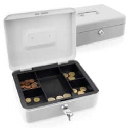 Metalinė dėžutė pinigams 25 cm., šviesiai pilkos spalvos