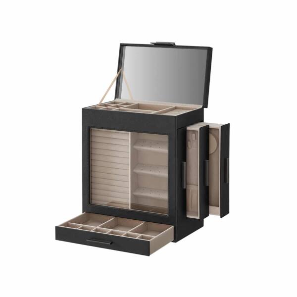 Papuošalų dėžutė su šoniniais stalčiais ir veidrodžiu, juodos spalvos