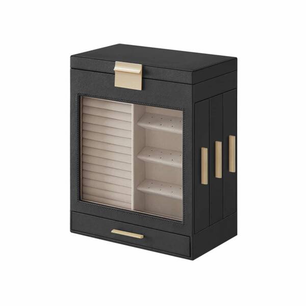 Papuošalų dėžutė su šoniniais stalčiais ir veidrodžiu, juodos - auksinės spalvos