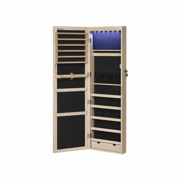 Pakabinama veidrodinė papuošalų spintelė su LED apšvietimu, natūralios medžio spalvos