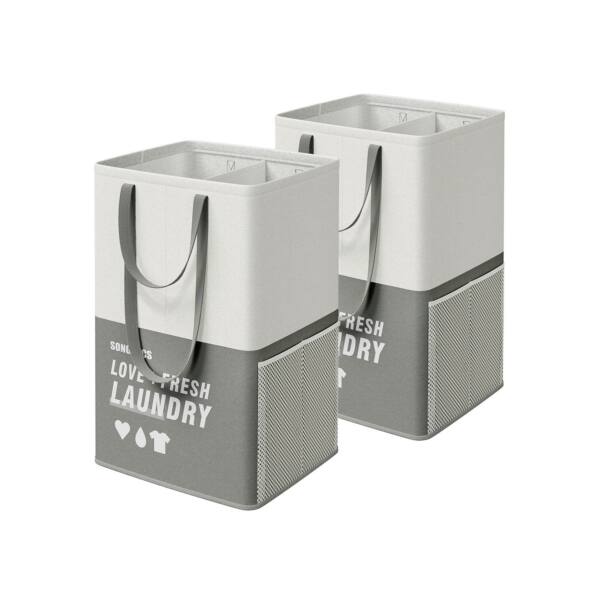 2 vnt. Komplektas skalbinių krepšelių su 2 skyriais, tamsiai pilkos spalvos