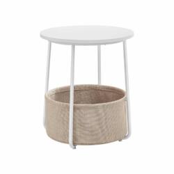 Apvalus šoninis staliukas su medžiaginiu krepšeliu, baltos - smėlio spalvos