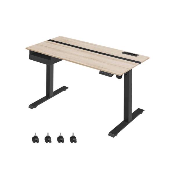 Reguliuojamo aukščio elektrinis rašomasis stalas 60 x 140 cm su lizdais ir USB jungtimis, pilkos - juodos spalvos