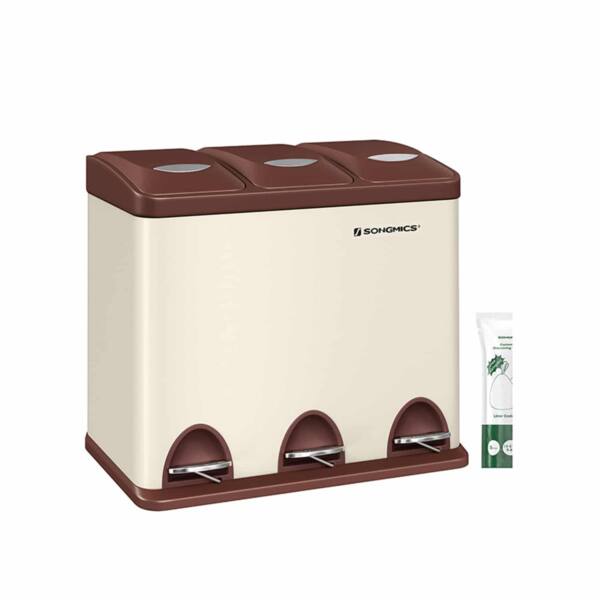 Šiukšliadėžė 3 x 8 litrai su dangteliu ir vidiniais kibirais, kreminės baltos-rudos spalvos