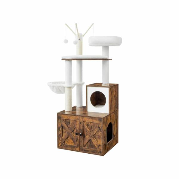 PCT113X01-1.jpg Moderni katės draskyklė su tualeto spintele katėms 140 cm aukščio, vintažinės - baltos spalvos