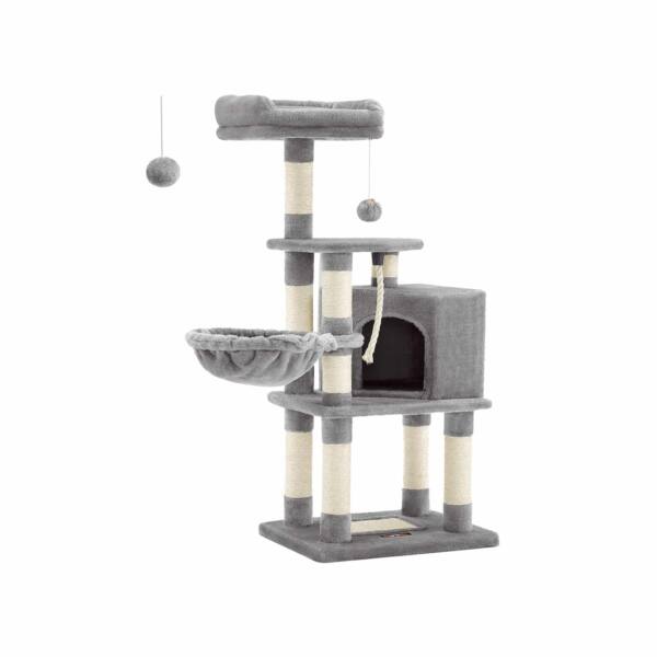 Kačių draskyklė 110 cm su platformomis ir urvu, šviesiai pilkos spalvos