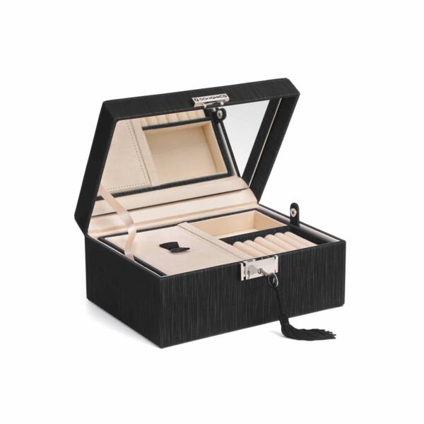 Papuošalų dėžutė su veidrodžiu ir išimomis dėžutėmis, juodos spalvos
