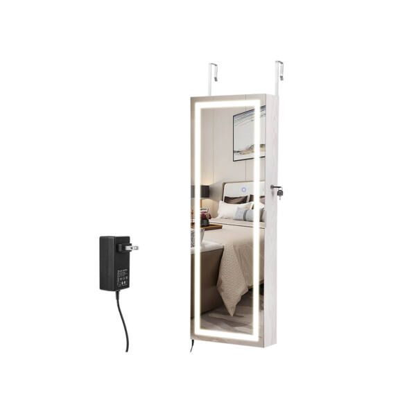 Pakabinama papuošalų spintelė su apšvietimu aplink veidrodį