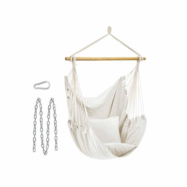 Pakabinama kėdė su 2 pagalvėlėmis ir metaline grandinėle, smėlio spalvos