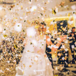 beautiful caucasian couple just married and dancing their first