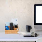 Workspace white wooden desk computer and copy space.