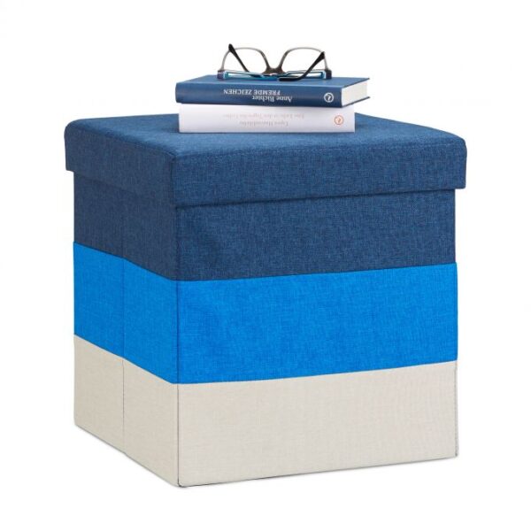 Sulankstoma sėdimoji vieta su atlenkiamu dangčiu 38x38x38cm., mėlynos/kreminės/tamsiai mėlynos spalvos