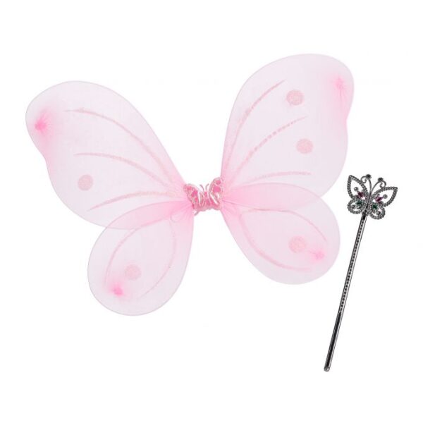 Fėjos sparnai su burtų lazdele, rožinės/sidabrinės/baltos spalvos