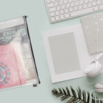 Soft Pastel Styled Desk Banner With Headphones, Keyboard