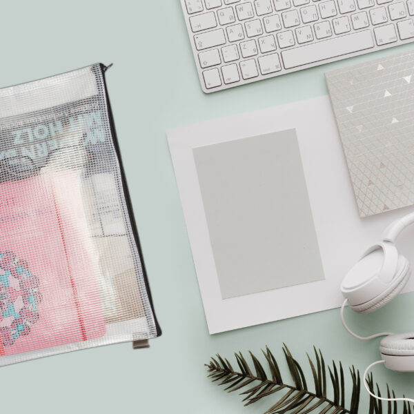 Soft Pastel Styled Desk Banner With Headphones, Keyboard