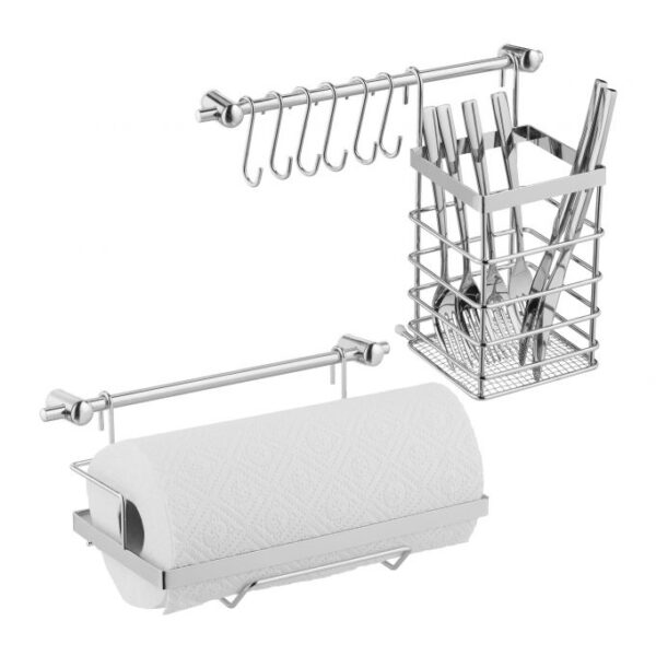 Rinkinys iš 2 pakabinamų virtuvės lentynų ir jų priedų, sidabrinės spalvos