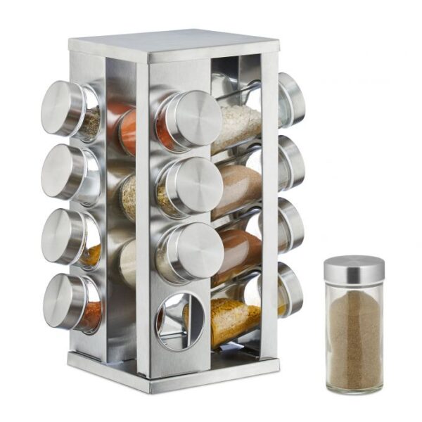 Prieskonių stovas su 16 skaidrių stiklinių 27,5x19,5x19,5cm., sidabrinės spalvos