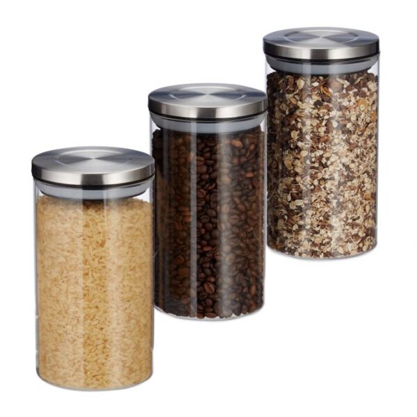 10027998_0_1_5a120b19f8fcc22d3bf4d78453e73048.jpg Rinkinys iš 3 skaidrių indelių biriems produktams 18x9,5cm, 1L., sidabrinės spalvos