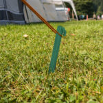 Tent peg securing the rope of a tent on a campinpground. iron te