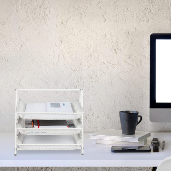 Workspace white wooden desk computer and copy space.