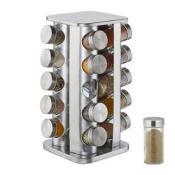 Prieskonių stovas su 20 skaidrių stiklinių 34x16x16cm., sidabrinės spalvos