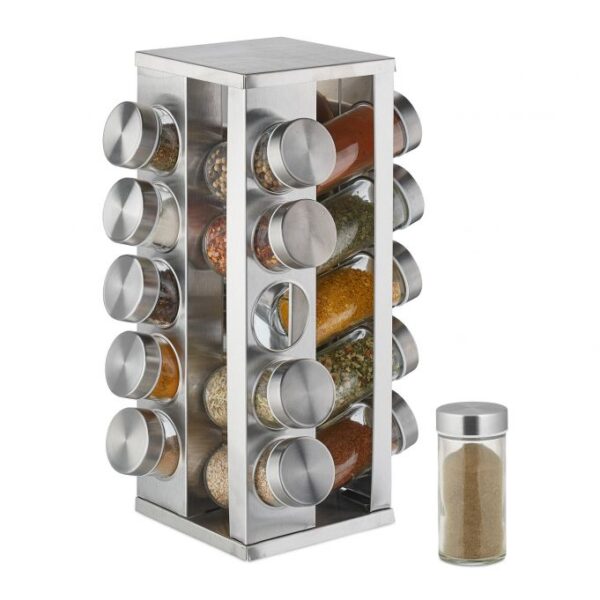 10032730_0_1_5ead6a9d06dc96b51e4b687fd3c82f48.jpg Prieskonių stovas su 20 skaidrių stiklinių 33x13x13cm., sidabrinės spalvos