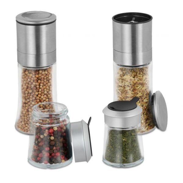 Rinkinys iš 4 skaidrių prieskonių malūnėlių 12,5x5cm., sidabrinės/juodos spalvos