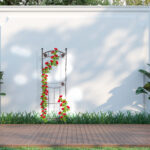 Empty white wall in the garden 3d render, There is a wooden flo