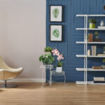 Blue texture wall detail, white background and room concept.