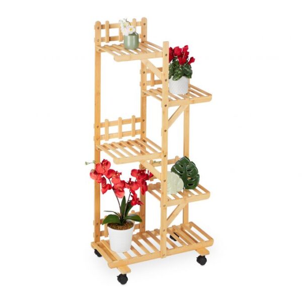 Gėlių stovas ant ratukų su 5 lentynomis 130x62x36cm., šviesiai rudos/juodos spalvos