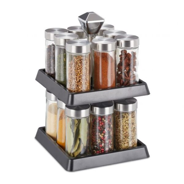 Prieskonių stovas su 16 skaidrių stiklinių 27x16,5x16,5cm., juodos/sidabrinės spalvos