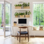 Zen home office with computer in a beautiful, spacious living ro