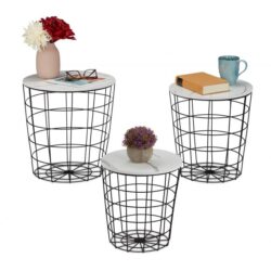 Komplektas iš 3 staliukų, baltos/juodos/pilkos spalvos