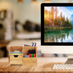 Mock up desk : Comfortable workplace with modern desktop computer. Blank screen for graphic display montage.