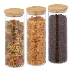 Rinkinys iš 3 skaidrių indelių biriems produktams 28x10cm, 1.6L, šviesiai rudos spalvos