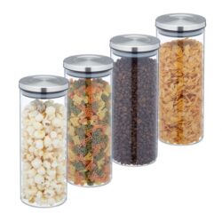 Rinkinys iš 4 skaidrių indelių biriems produktams 22x9,5cm, 1.3L., sidabrinės spalvos