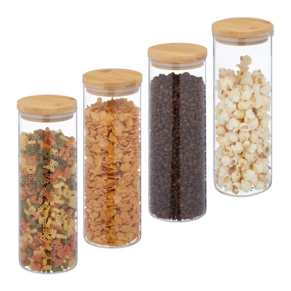 Rinkinys iš 4 skaidrių indelių biriems produktams 28x10cm, 1.6L, šviesiai rudos spalvos