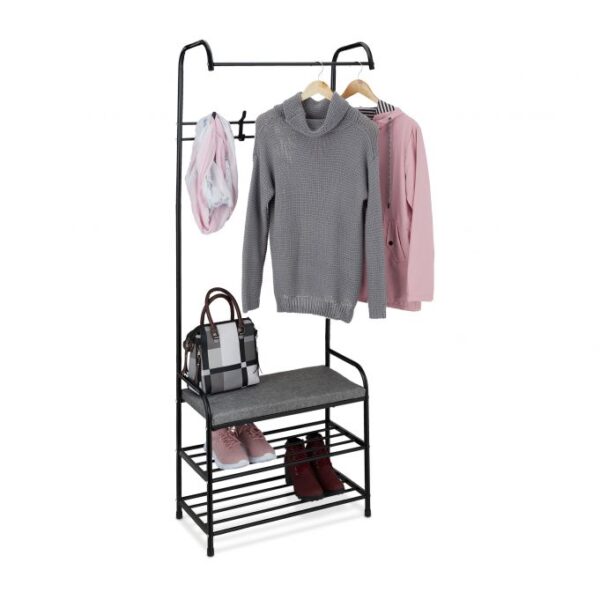 10039968_46_1_beb1fe41a4ce2ce65e1999e8ff079350.jpg Drabužių kabykla su lentynomis ir suoliuku 173x64x30cm., juodos/pilkos spalvos