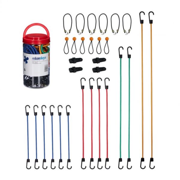 Rinkinys iš 30 tvirtinimo gumų dviračio bagažinei, mėlynos/geltonos/raudonos/žalios spalvos