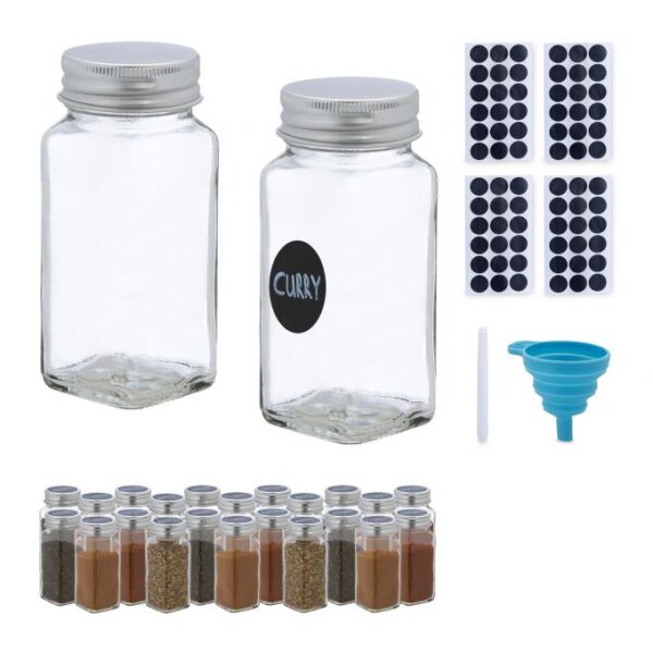 Rinkinys iš 24 skaidrių prieskonių indelių 11x4,5x4,5cm., sidabrinės/juodos spalvos