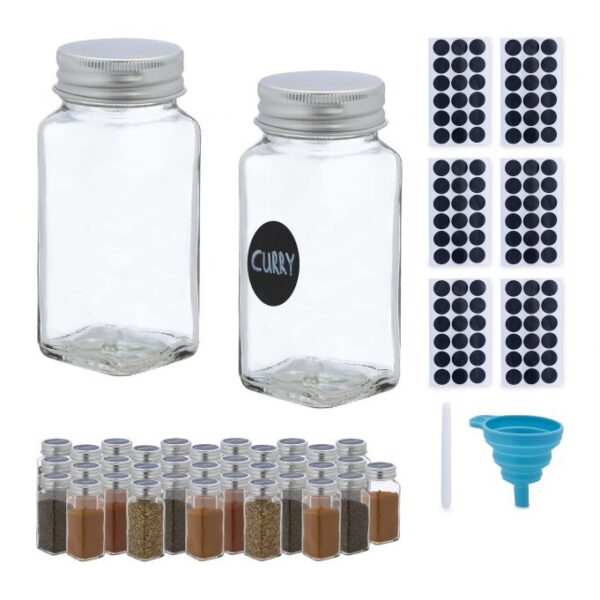 Rinkinys iš 36 skaidrių prieskonių indelių 11x4,5x4,5cm., sidabrinės/juodos spalvos